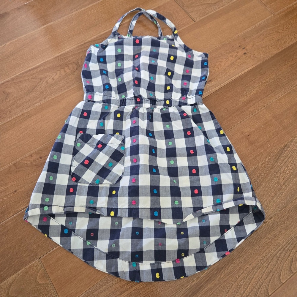 Hanna Andersson Girls Navy Gingham Embroidered Polka Dot High Low Dress 90 3T